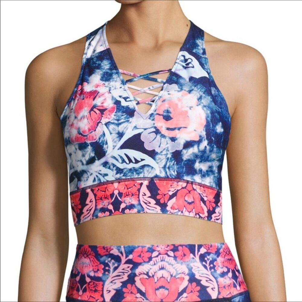 Nanette Lepore NWT Athletic Sports Bra Floral Blue & Pink Racerback Longline